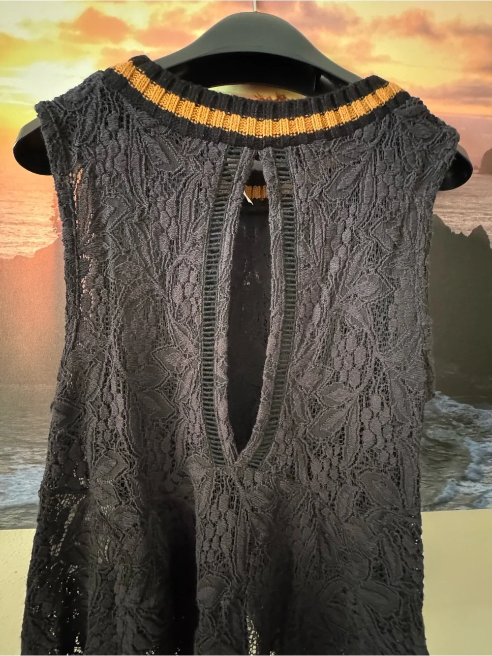 Free People Black Lace sleeveless Tank with brown- Trim Ribbed Neckline/XS/ NWT